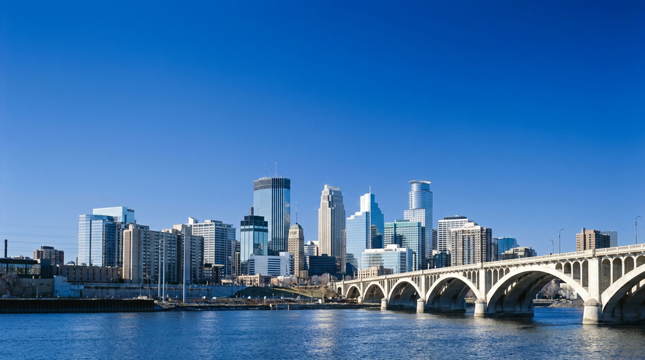 City skyline at midday under a clear blue sky